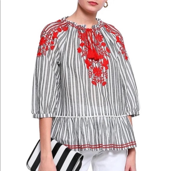 kate spade Tops - Kate Spade Broome Street Embroidered and Striped Peasant Top